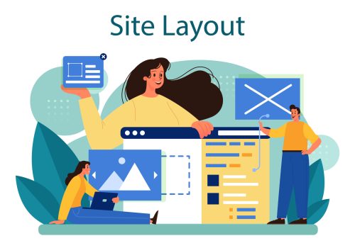 Website layout concept. Web development, mobile app design and optimization. People building user interface template. Computer technology. Flat vector illustration
